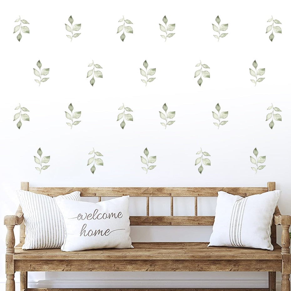 Green Leaf Sprigs Watercolor Wall Decals Removable PVC Vinyl Wall Stickers For Kitchen Dining Room Living Room Simple Creative DIY Home Decor