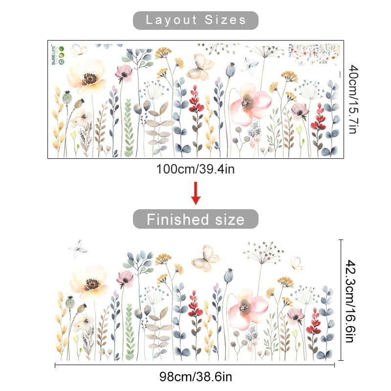 Wild Meadow Watercolor Floral Wall Decals Removable PVC Vinyl Wall Stickers For Bedroom Children's Room Living Room Playroom Creative DIY Home Decor