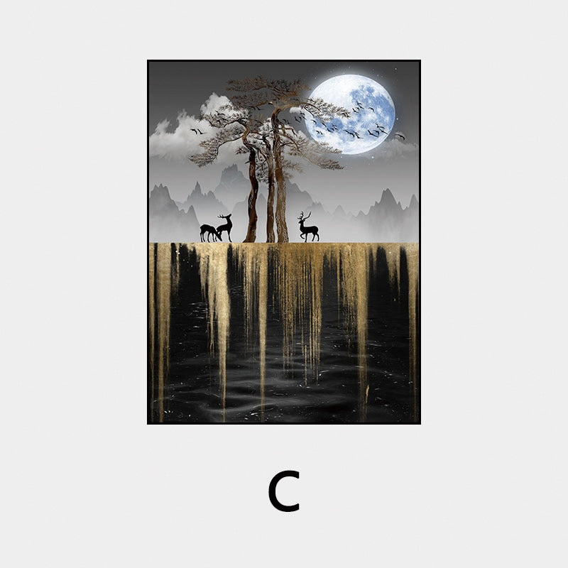 Abstract Auspicious Golden Tree Moon Landscape Wall Art Fine Art Canvas Prints Modern Pictures For Luxury Living Room Dining Room Art Decoration