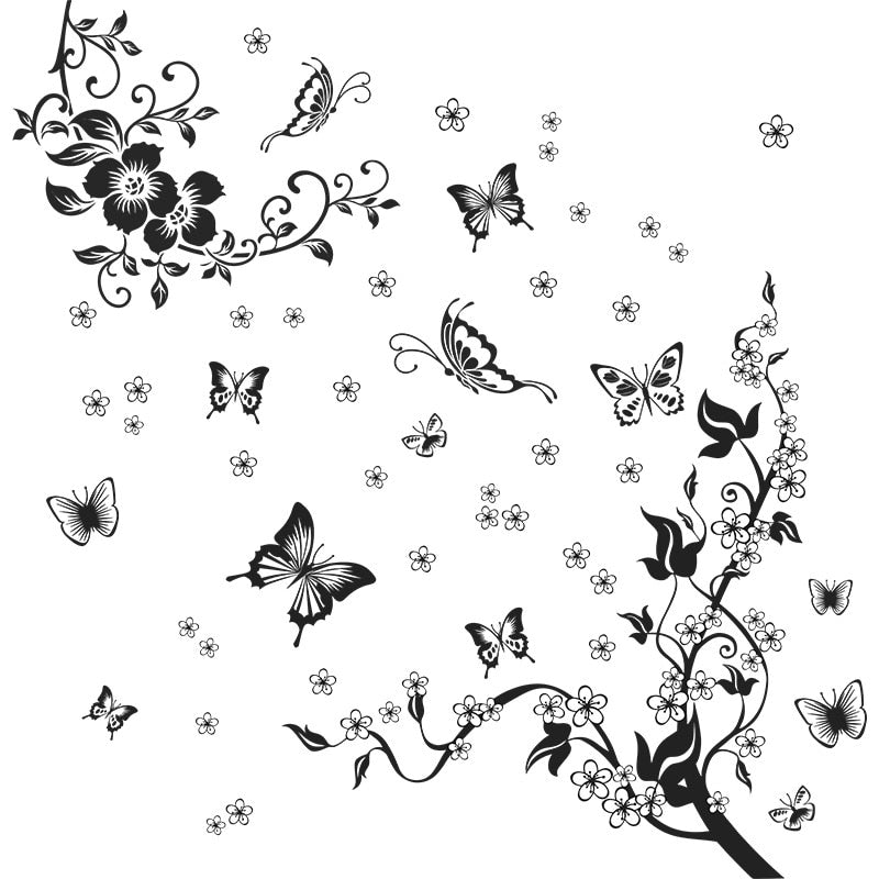 Butterfly Flower Tree Vinyl Wall Decal Removable PVC Wall Mural For Living Room Bedroom Kitchen Wall Decor Creative Home DIY Wall Decoration