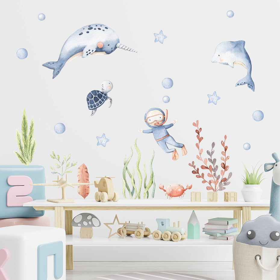 Octopus Diver Narwhal Whale Ocean Animals Vinyl Wall Mural Removable PVC Wall Sticker Decals For Nursery Room Kid's Playroom Wall Decor