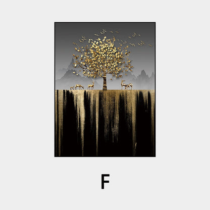 Abstract Auspicious Golden Tree Moon Landscape Wall Art Fine Art Canvas Prints Modern Pictures For Luxury Living Room Dining Room Art Decoration