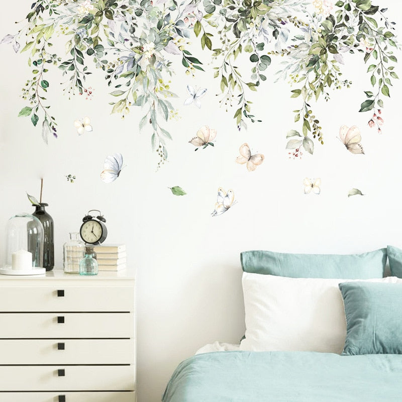 Hanging Green Leaves Canopy Wall Mural Removable PVC Vinyl Wall Decal Stickers For Living Room Dining Room Kid's Playroom Creative DIY Wall Decor