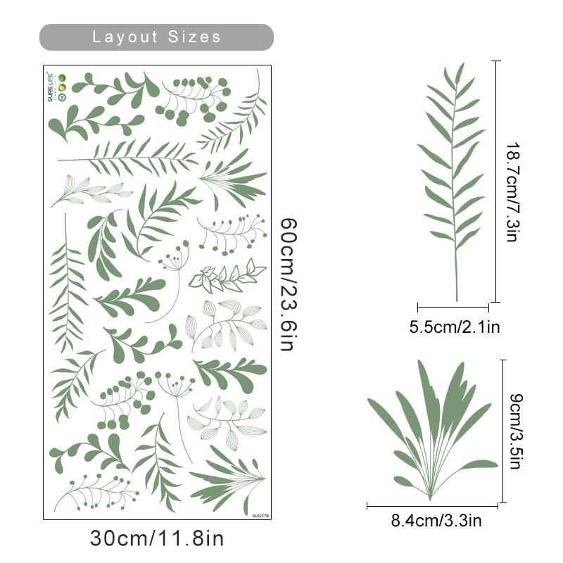 Bohemian Leaf Sprigs Wall Decals Removable PVC Vinyl Wall Stickers For Living Room Dining Room Bedroom Creative DIY Home Decor