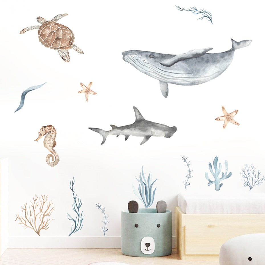 Sea Horse Turtle Whale Wall Ocean Animals Decals Removable PVC Vinyl Wall Sticker For Children's Nursery Room Kid's Playroom Creative DIY Decor