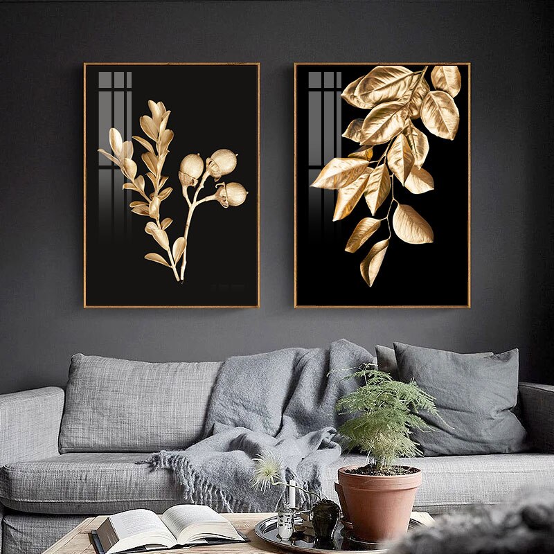 Golden Leaves Abstract Tropical Botanical Wall Art Fine Art Canvas Prints Pictures For Luxury Living Room Dining Room Modern Home Wall Decor