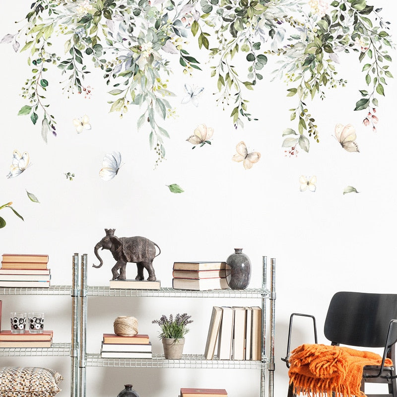 Hanging Green Leaves Canopy Wall Mural Removable PVC Vinyl Wall Decal Stickers For Living Room Dining Room Kid's Playroom Creative DIY Wall Decor