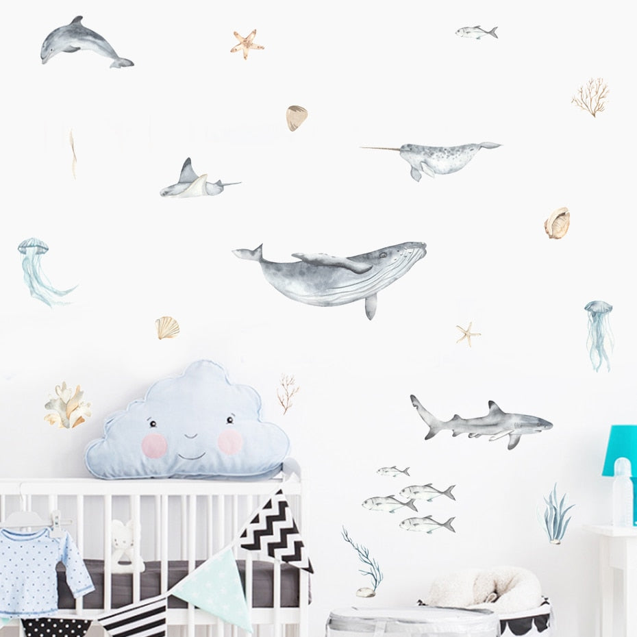 Whale Shark Dolphin Narwhal Jellyfish Ocean Creatures Wall Decals PVC Vinyl Removable Wall Stickers For Nordic Nursery Room Baby's Room Wall Decor
