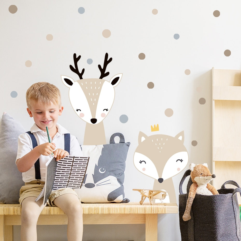 Beige Cartoon Giraffe Fox Lion Polka Dots Wall Decals Removable PVC Vinyl Wall Stickers For Nursery Children's Room Baby's Room Creative Decoration