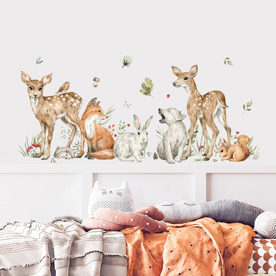 Watercolor Woodland Animals Wall Decals Removable PVC Vinyl Wall Stickers Mural For Nursery Room Baby's Room Creative DIY Home Decor