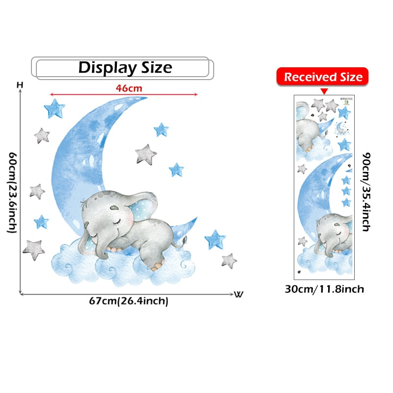 Blue Moon Elephant Hot Air Balloon Wall Decals Removable PVC Vinyl Wall Stickers For Nursery Decor Boy's Room Cute Creative DIY Home Decor