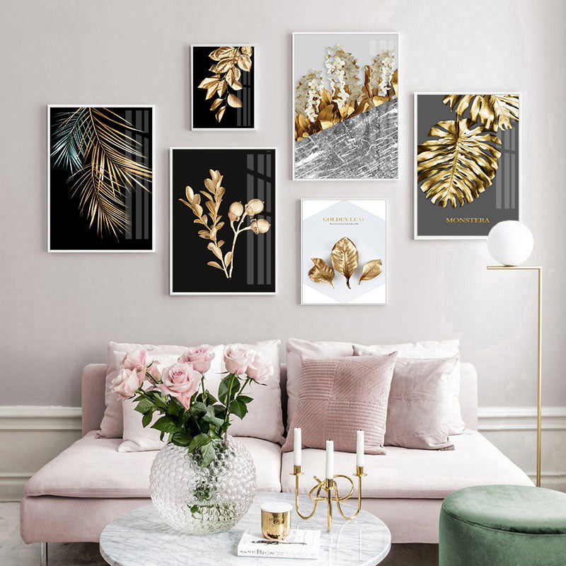 Golden Leaves Abstract Tropical Botanical Wall Art Fine Art Canvas Prints Pictures For Luxury Living Room Dining Room Modern Home Wall Decor