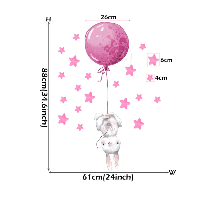 Pink Balloon Cloud Bunnies Vinyl Wall Decals Removable PVC Stickers For Nursery Room Decor Kindergarten Creative DIY Home Children's Room Decor