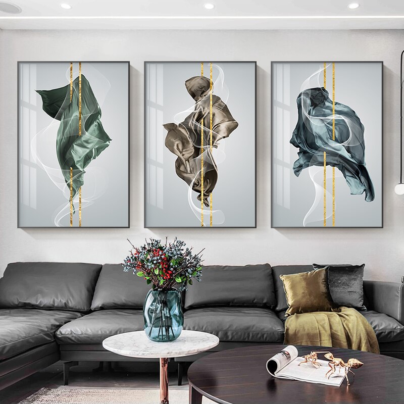 Modern Abstract Green Blue Golden Flowing Nordic Wall Art Fine Art Canvas Prints Pictures For Living Room Dining Room Bedroom Art Decor