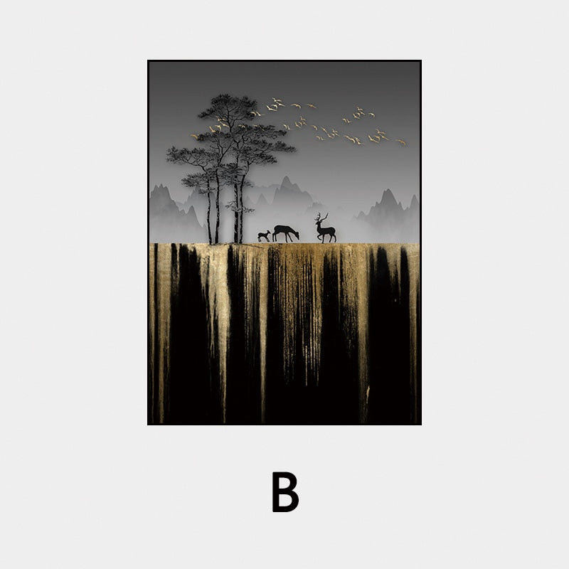Abstract Auspicious Golden Tree Moon Landscape Wall Art Fine Art Canvas Prints Modern Pictures For Luxury Living Room Dining Room Art Decoration