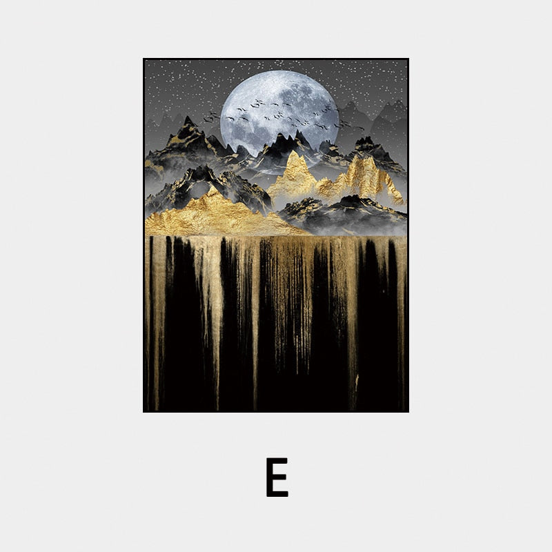 Abstract Auspicious Golden Tree Moon Landscape Wall Art Fine Art Canvas Prints Modern Pictures For Luxury Living Room Dining Room Art Decoration
