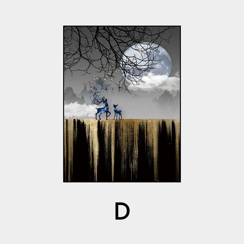 Abstract Auspicious Golden Tree Moon Landscape Wall Art Fine Art Canvas Prints Modern Pictures For Luxury Living Room Dining Room Art Decoration