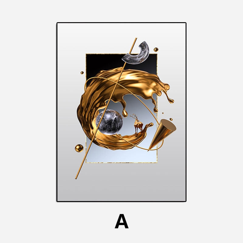 Modern Abstract Golden Splash Wall Art Fine Art Canvas Prints Auspicious Gold Deer Pictures For Luxury Living Room Home Office Art Decor