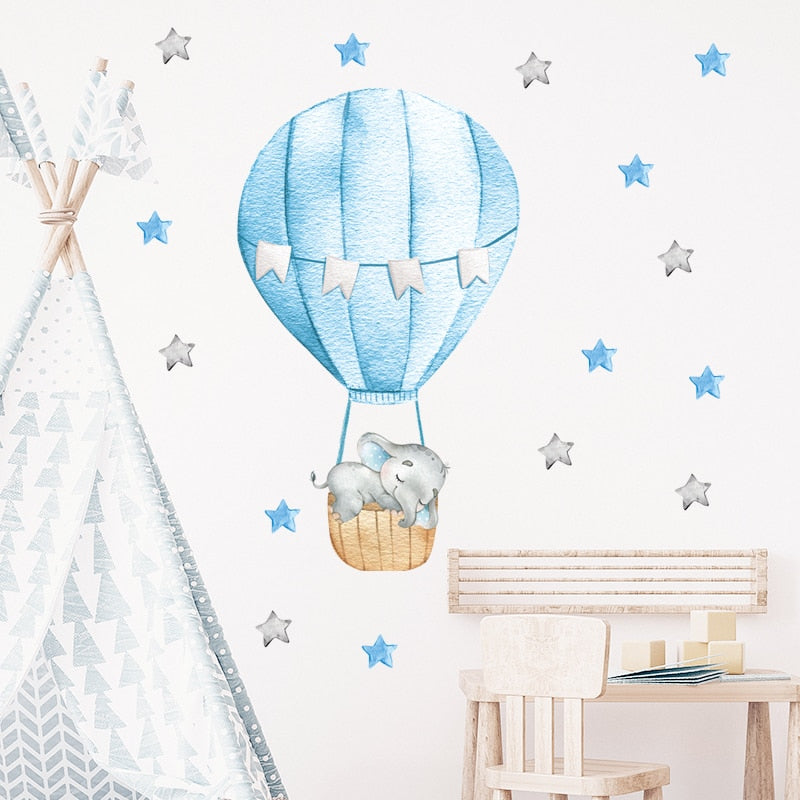 Blue Moon Elephant Hot Air Balloon Wall Decals Removable PVC Vinyl Wall Stickers For Nursery Decor Boy's Room Cute Creative DIY Home Decor