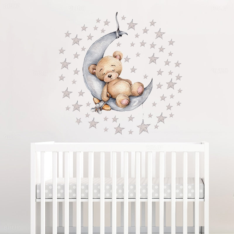 Cute Moon Snooze Teddybear PVC Wall Decals Removable Vinyl Wall Stickers For Nursery Decor Kid's Room Baby's Room Creative DIY Wall Decor