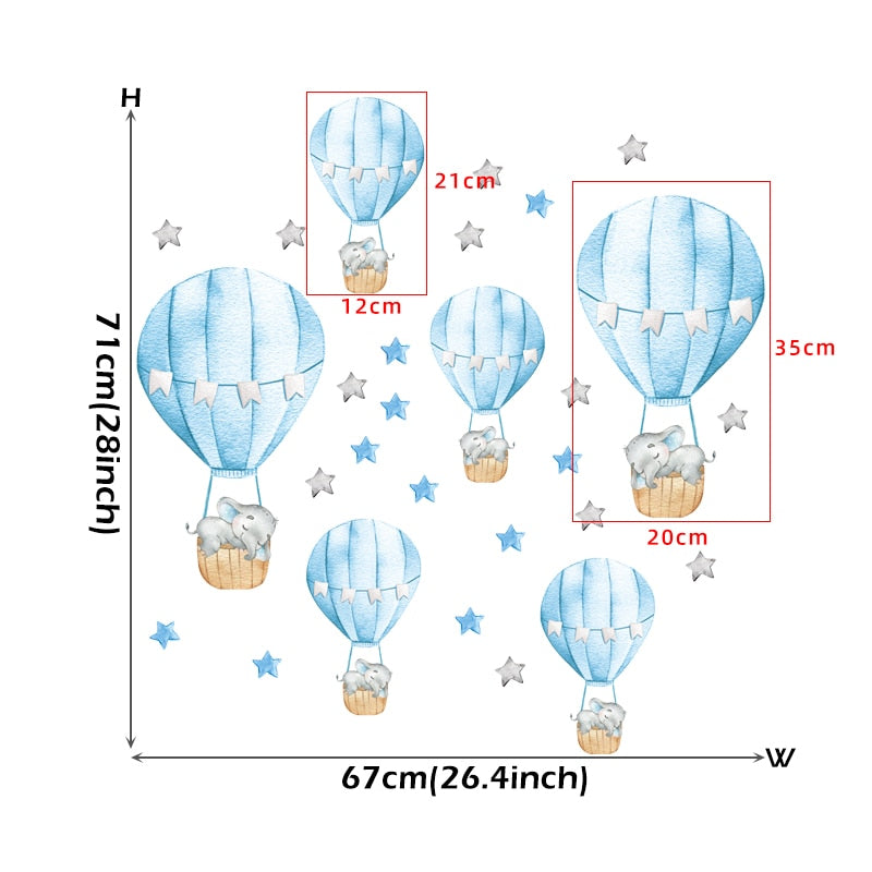 Blue Moon Elephant Hot Air Balloon Wall Decals Removable PVC Vinyl Wall Stickers For Nursery Decor Boy's Room Cute Creative DIY Home Decor