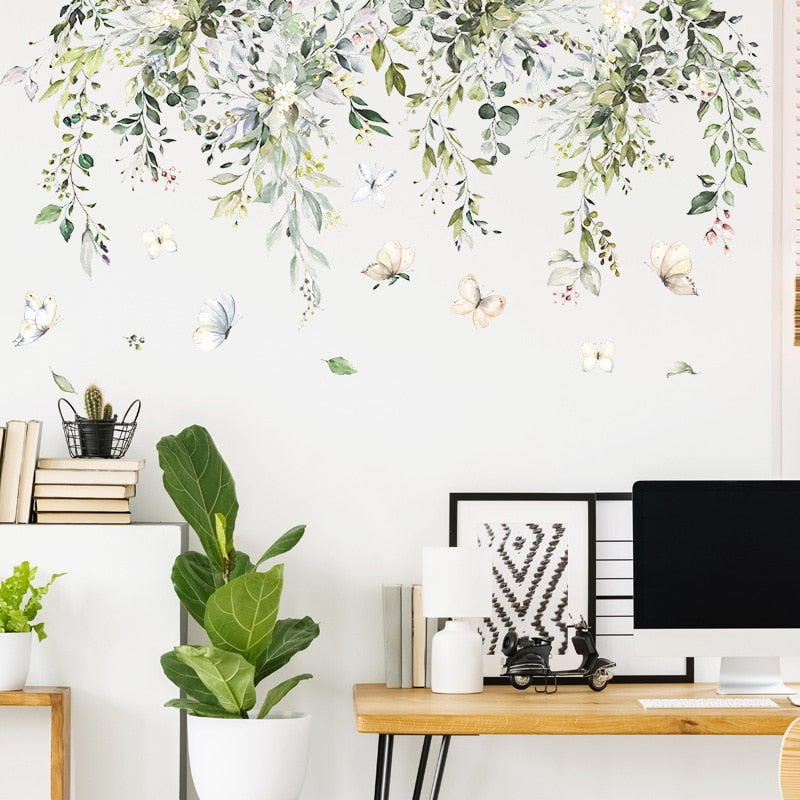 Hanging Green Leaves Canopy Wall Mural Removable PVC Vinyl Wall Decal Stickers For Living Room Dining Room Kid's Playroom Creative DIY Wall Decor