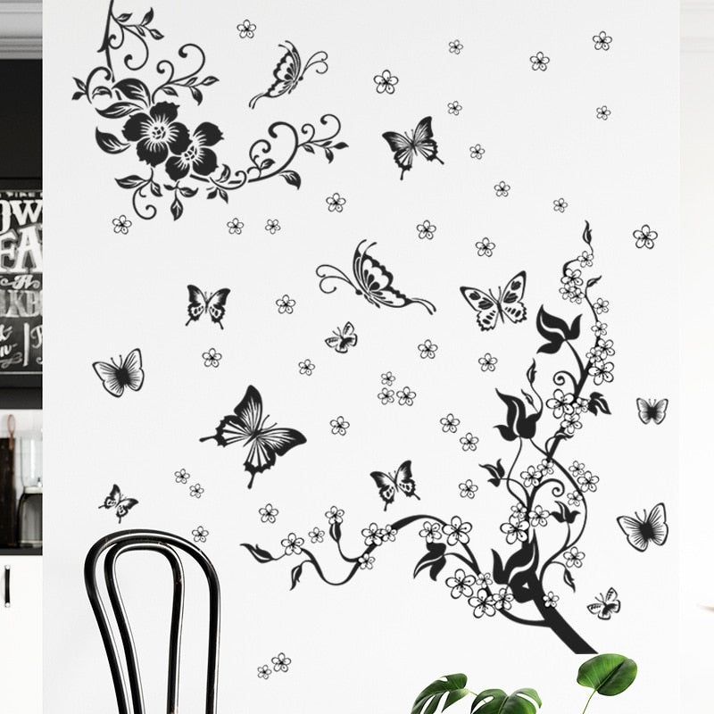 Butterfly Flower Tree Vinyl Wall Decal Removable PVC Wall Mural For Living Room Bedroom Kitchen Wall Decor Creative Home DIY Wall Decoration