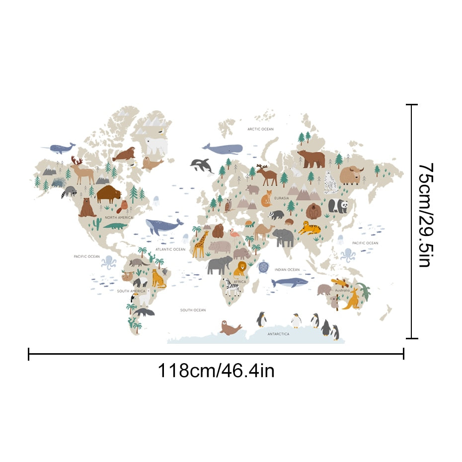Big Map Of The Animal World Vinyl Wall Mural Removable PVC Wall Sticker Decal For Children's Nursery Kid's Playroom DIY Kindergarten Wall Decor