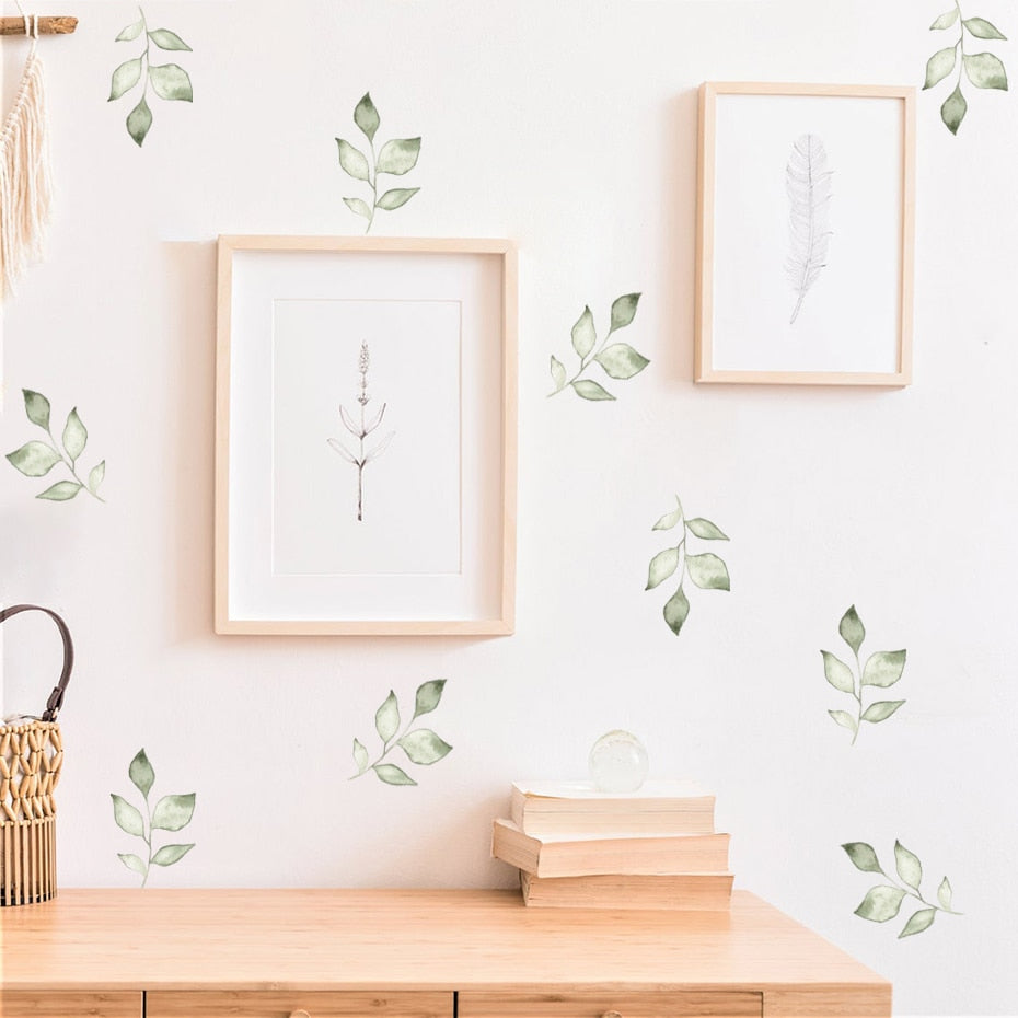 Green Leaf Sprigs Watercolor Wall Decals Removable PVC Vinyl Wall Stickers For Kitchen Dining Room Living Room Simple Creative DIY Home Decor