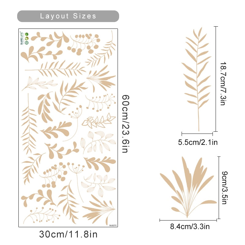 Bohemian Leaf Sprigs Wall Decals Removable PVC Vinyl Wall Stickers For Living Room Dining Room Bedroom Creative DIY Home Decor