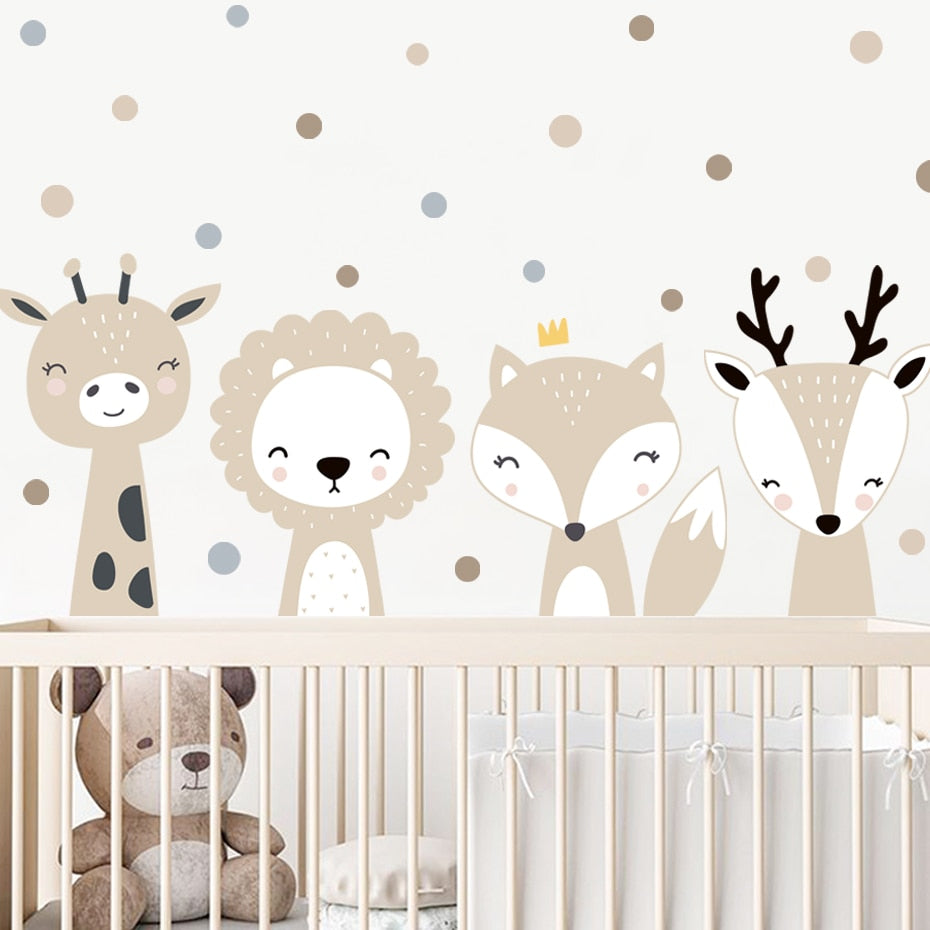 Beige Cartoon Giraffe Fox Lion Polka Dots Wall Decals Removable PVC Vinyl Wall Stickers For Nursery Children's Room Baby's Room Creative Decoration