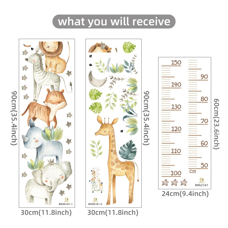 Hippo Elephant Giraffe Cute Animals Kid's Height Measurement Ruler Vinyl Wall Mural Removable PVC Wall Decals For Creative DIY Nursery Decor