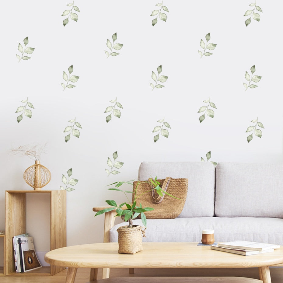 Green Leaf Sprigs Watercolor Wall Decals Removable PVC Vinyl Wall Stickers For Kitchen Dining Room Living Room Simple Creative DIY Home Decor