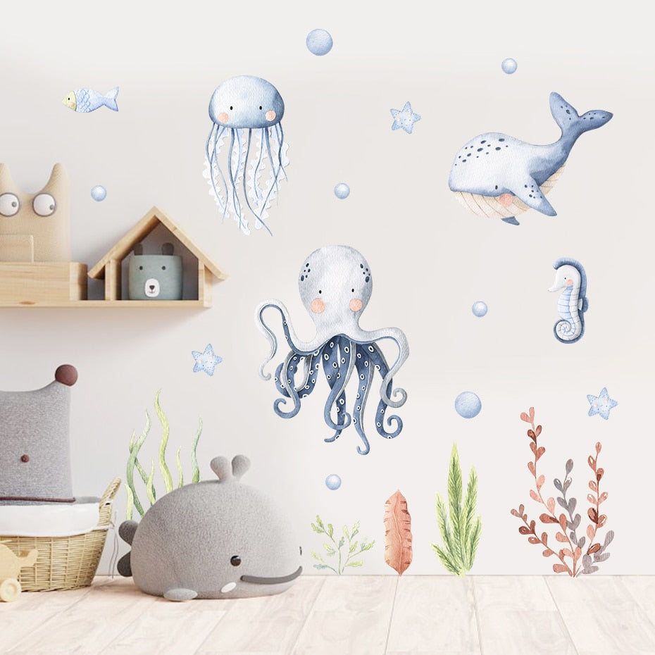 Octopus Diver Narwhal Whale Ocean Animals Vinyl Wall Mural Removable PVC Wall Sticker Decals For Nursery Room Kid's Playroom Wall Decor