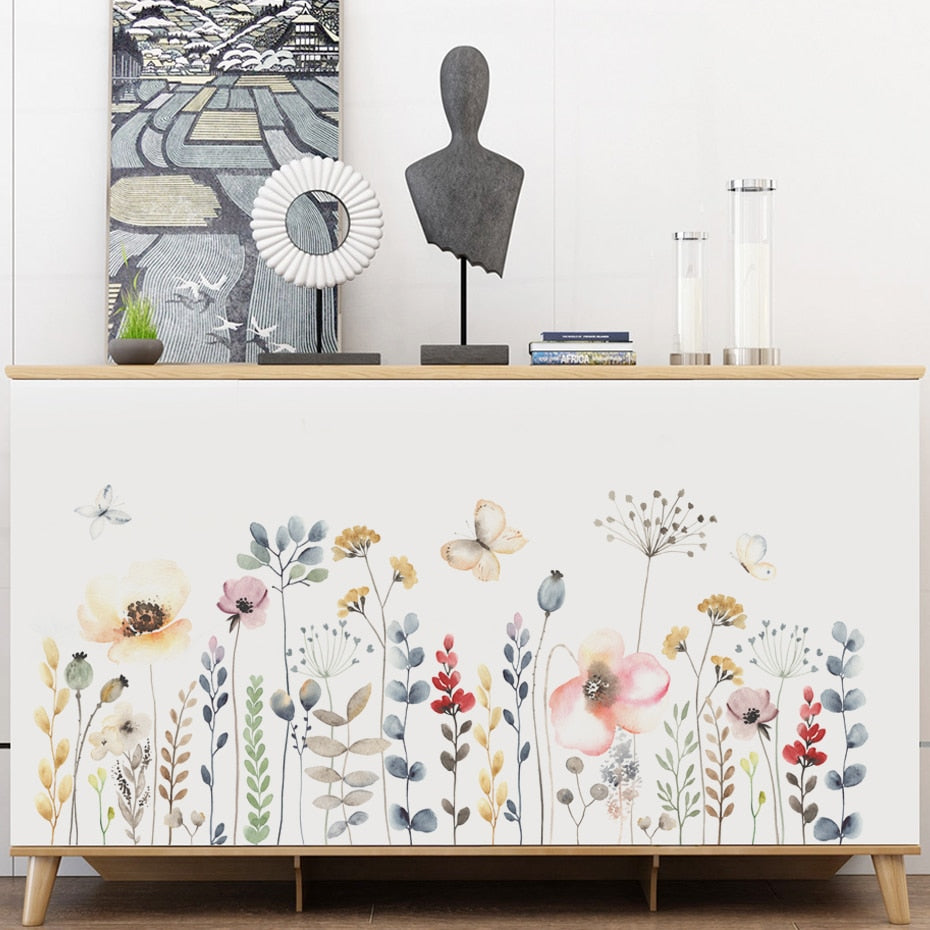 Wild Meadow Watercolor Floral Wall Decals Removable PVC Vinyl Wall Stickers For Bedroom Children's Room Living Room Playroom Creative DIY Home Decor