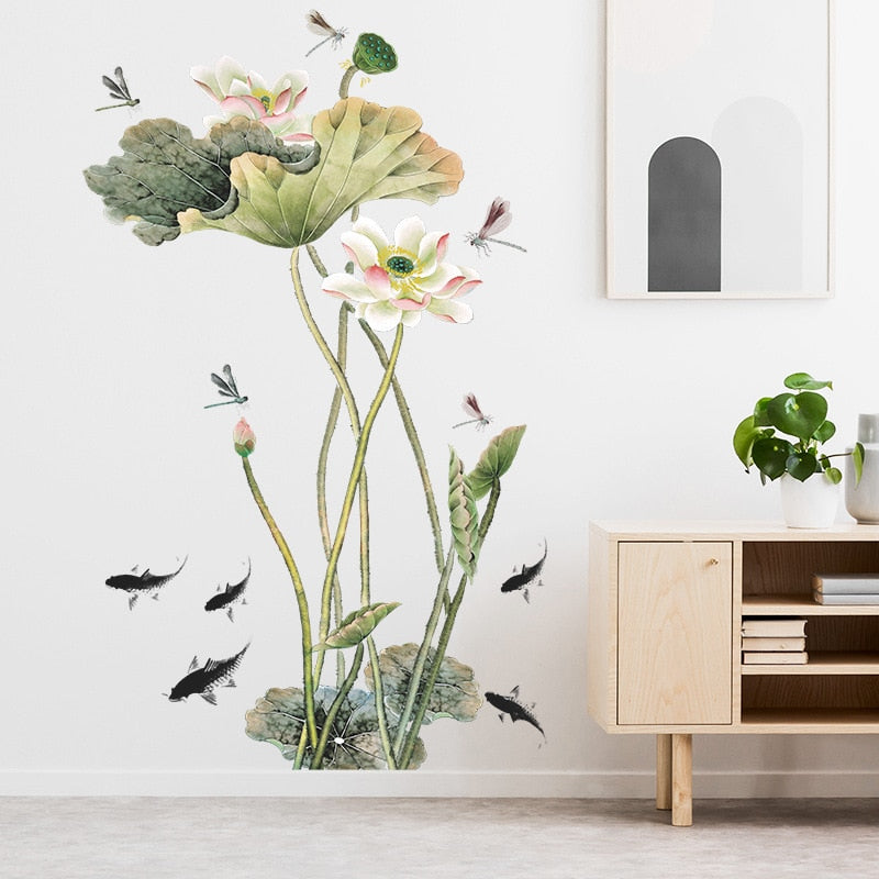 Exotic Flowers Dragonfly Fish Garden Birds PVC Wall Mural Removable Vinyl Wall Sticker Decal For Living Room Kitchen Utility Room Creative DIY Wall Decor