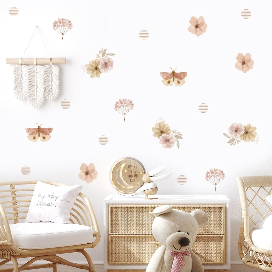 Bohemian Flowers & Butterflies Wall Decals Removable PVC Vinyl Wall Stickers For Decorating Living Room Bedroom Wall Simple DIY Home Decor