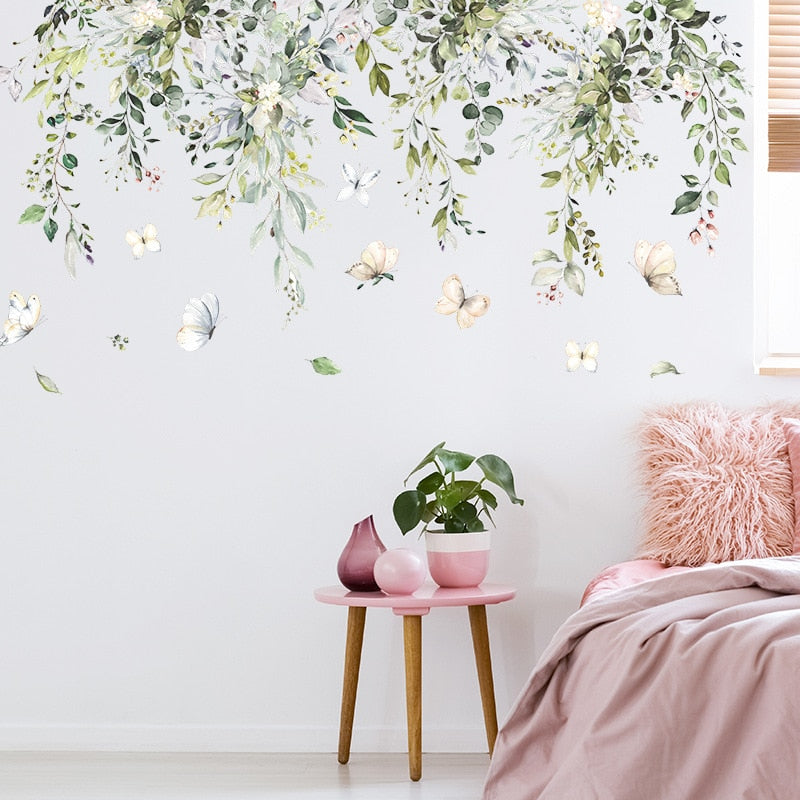Hanging Green Leaves Canopy Wall Mural Removable PVC Vinyl Wall Decal Stickers For Living Room Dining Room Kid's Playroom Creative DIY Wall Decor