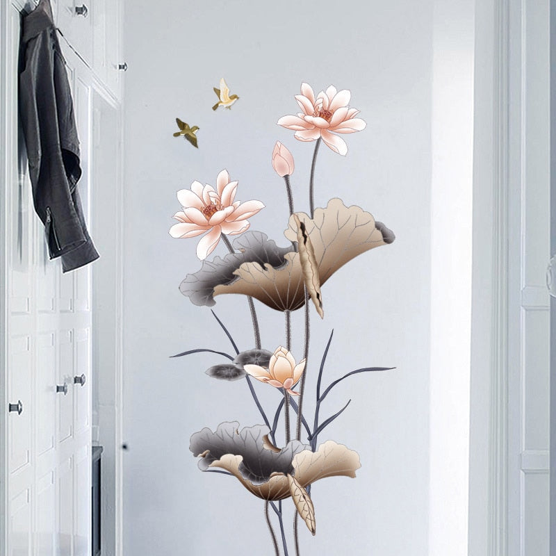 Exotic Flowers Dragonfly Fish Garden Birds PVC Wall Mural Removable Vinyl Wall Sticker Decal For Living Room Kitchen Utility Room Creative DIY Wall Decor