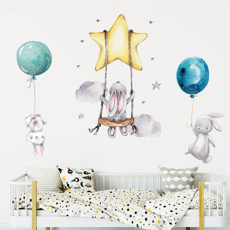 Star Swing Bunny Balloon Wall Decals Removable PVC Vinyl Wall Stickers For Children's Room Nursery Decor Creative DIY Kid's Room Wall Decoration