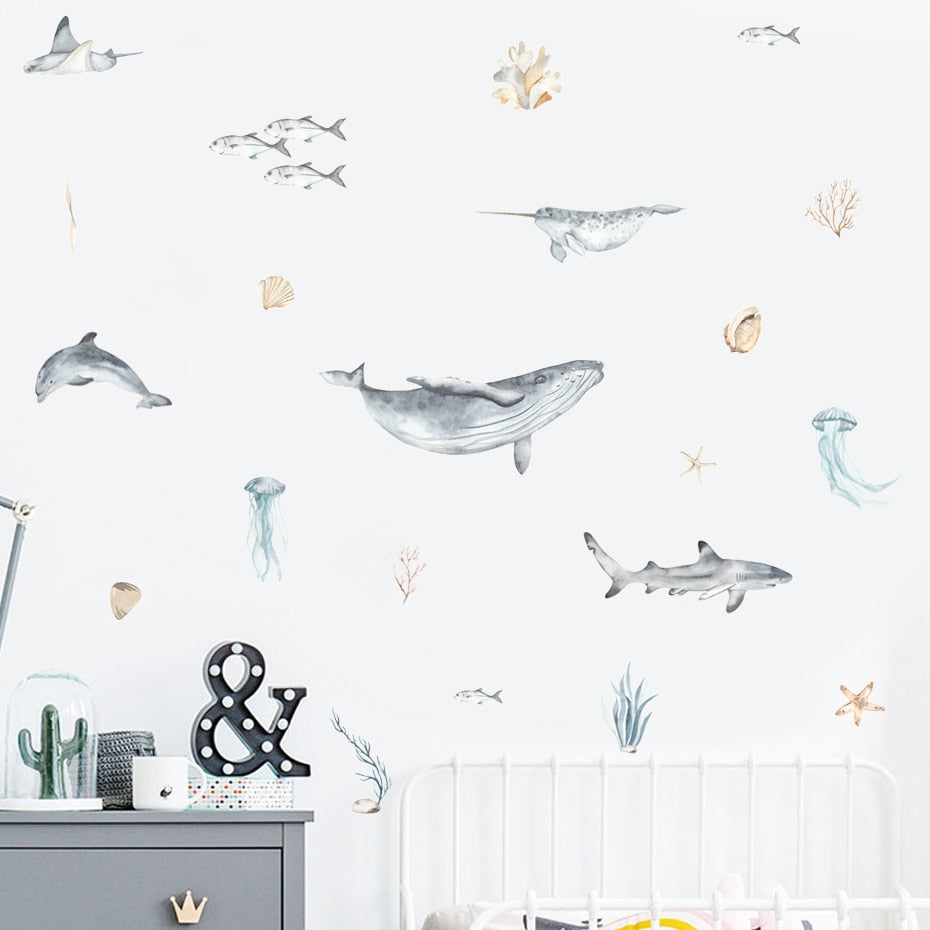 Whale Shark Dolphin Narwhal Jellyfish Ocean Creatures Wall Decals PVC Vinyl Removable Wall Stickers For Nordic Nursery Room Baby's Room Wall Decor