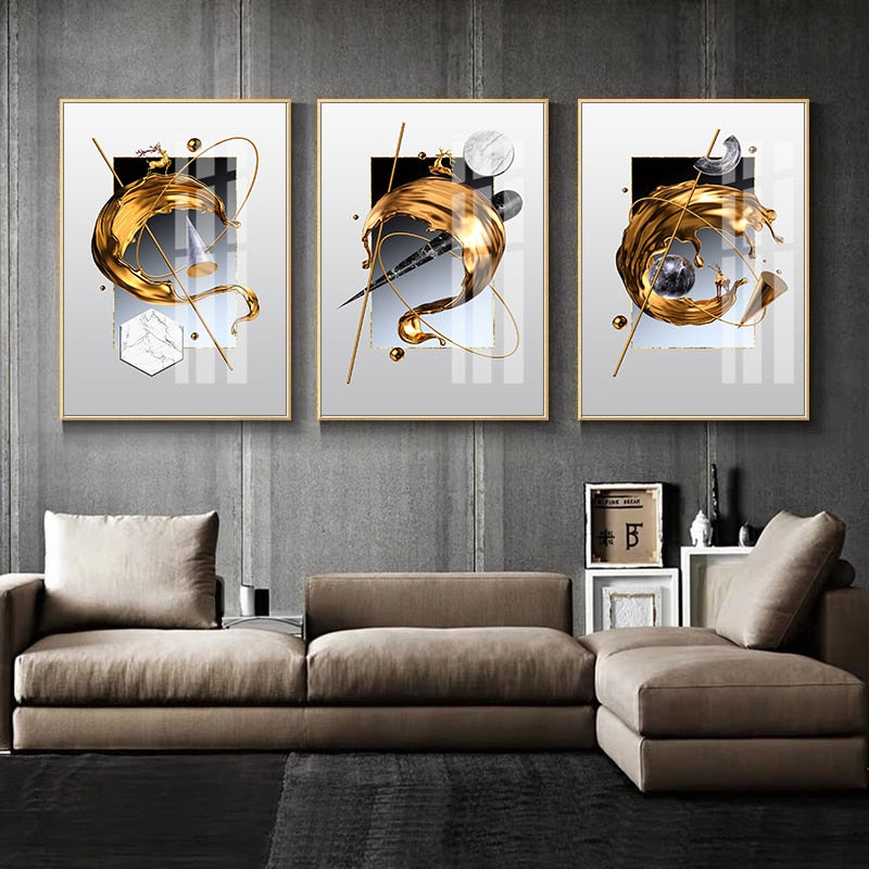 Modern Abstract Golden Splash Wall Art Fine Art Canvas Prints Auspicious Gold Deer Pictures For Luxury Living Room Home Office Art Decor