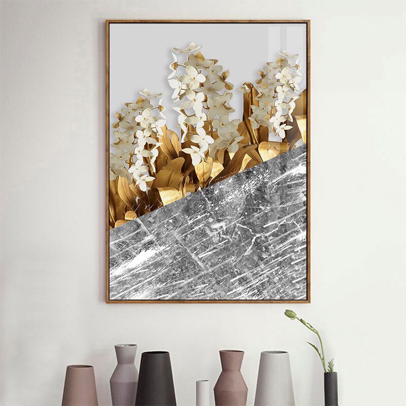 Golden Leaves Abstract Tropical Botanical Wall Art Fine Art Canvas Prints Pictures For Luxury Living Room Dining Room Modern Home Wall Decor