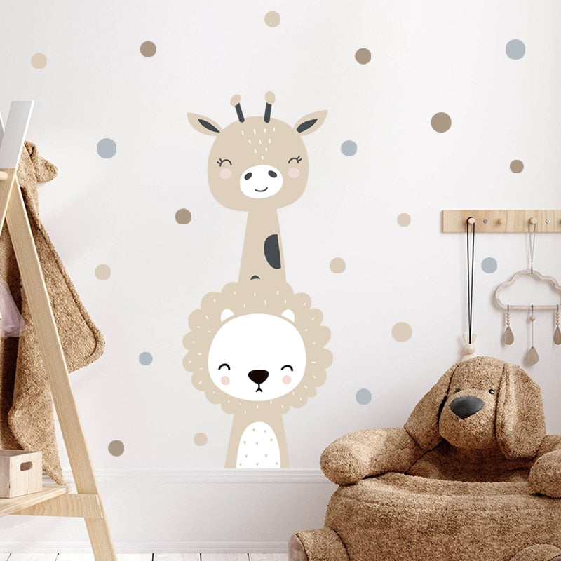 Beige Cartoon Giraffe Fox Lion Polka Dots Wall Decals Removable PVC Vinyl Wall Stickers For Nursery Children's Room Baby's Room Creative Decoration