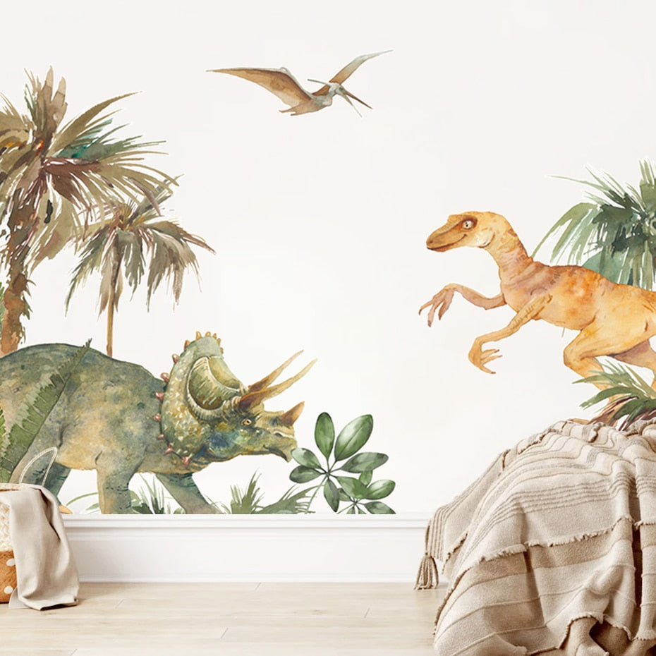 Cartoon Triceratops Dinosaur Scene Nursery Wall Mural PVC Removable Vinyl Wall Decals For Kid's Room Playroom Classroom Creative DIY Wall Decor