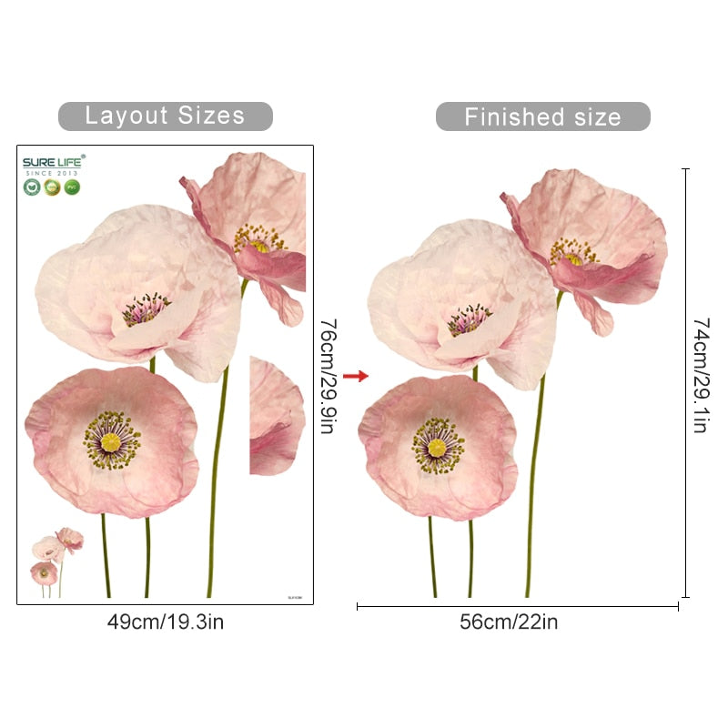 Big Pink Poppies Watercolor Floral Mural Vinyl Wall Decal Removable PVC Wall Stickers For Living Room Bedroom Creative DIY Nursery Wall Decor