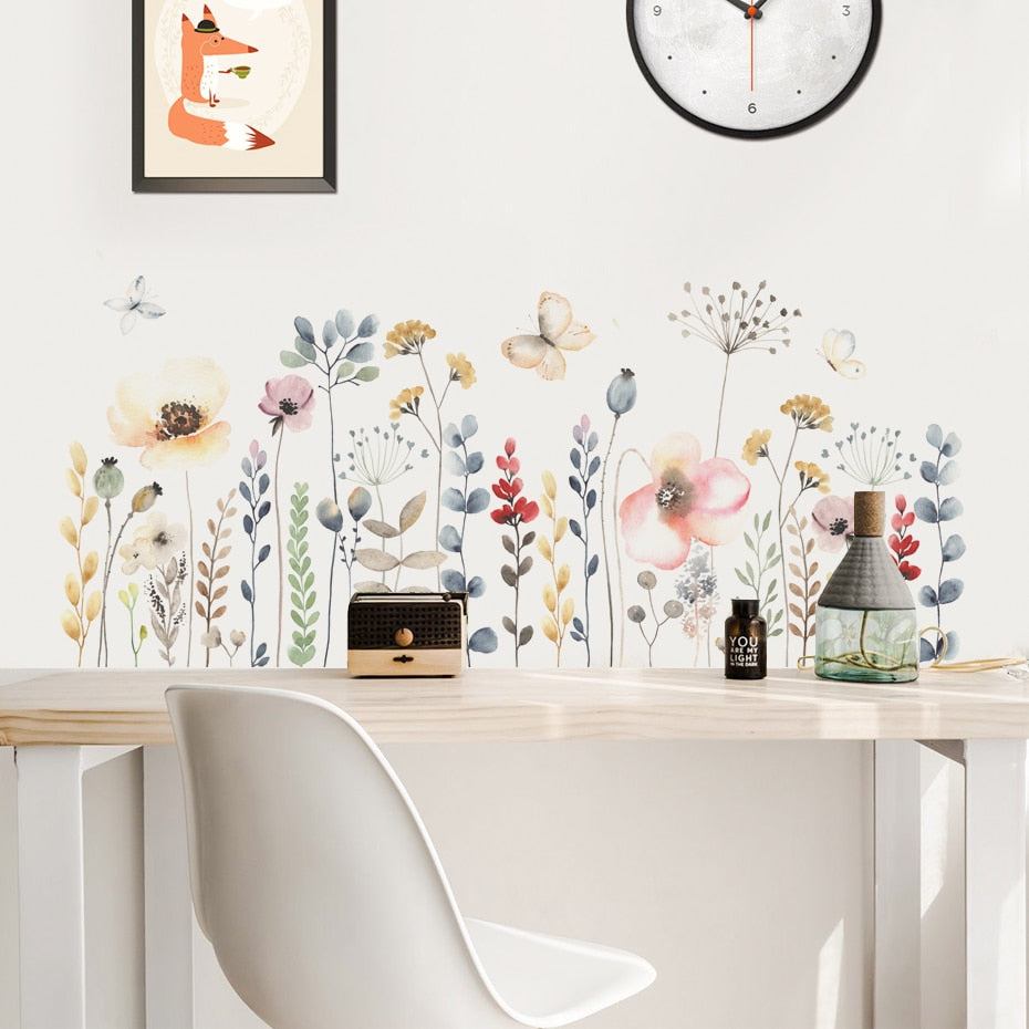 Wild Meadow Watercolor Floral Wall Decals Removable PVC Vinyl Wall Stickers For Bedroom Children's Room Living Room Playroom Creative DIY Home Decor