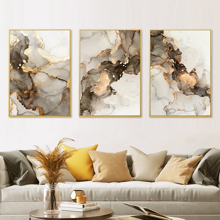 Modern Gold Beige Black Marble Abstract Posters Wall Art Canvas Painting Prints Pictures Living Room Bedroom Interior Home Decor