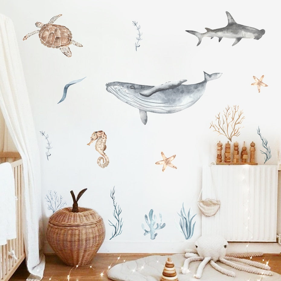 Sea Horse Turtle Whale Wall Ocean Animals Decals Removable PVC Vinyl Wall Sticker For Children's Nursery Room Kid's Playroom Creative DIY Decor
