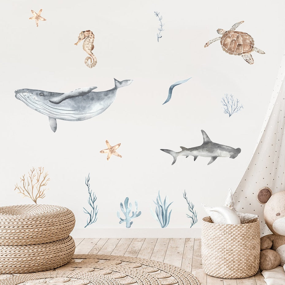 Sea Horse Turtle Whale Wall Ocean Animals Decals Removable PVC Vinyl Wall Sticker For Children's Nursery Room Kid's Playroom Creative DIY Decor